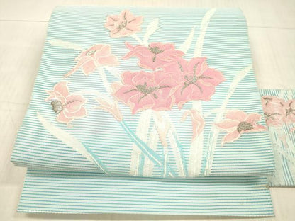 平和屋着物＊夏物 絽綴れ 八寸名古屋帯 草花文 銀糸 正絹 逸品 DAAX5549cm