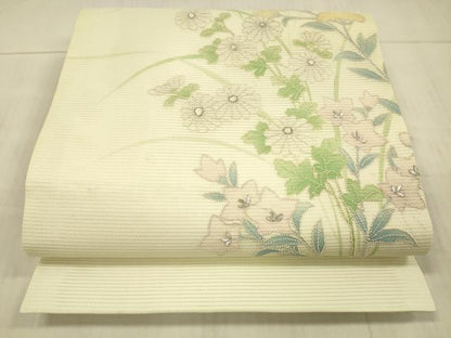 平和屋着物＊夏物 中国三大刺繍 相良刺繍 九寸開き名古屋帯 草花文 銀糸 正絹 逸品 DAAX5555cm