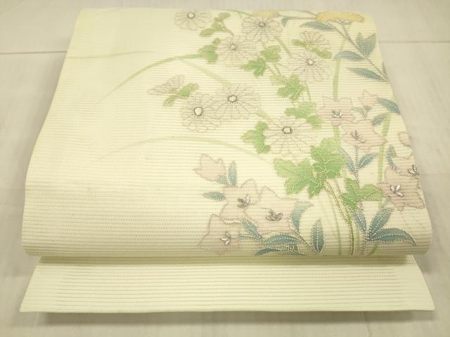平和屋着物＊夏物 中国三大刺繍 相良刺繍 九寸開き名古屋帯 草花文 銀糸 正絹 逸品 DAAX5555cm