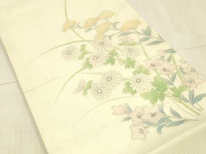 平和屋着物＊夏物 中国三大刺繍 相良刺繍 九寸開き名古屋帯 草花文 銀糸 正絹 逸品 DAAX5555cm