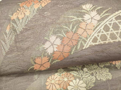 平和屋着物＊夏物 六通柄袋帯 流水雪芝籬花文 金糸 正絹 逸品 DAAX5558cm