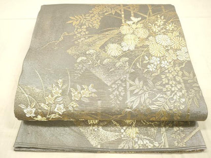 平和屋着物＊夏物 六通柄袋帯 地紙草花文 金銀糸 正絹 逸品 DAAX5559cm