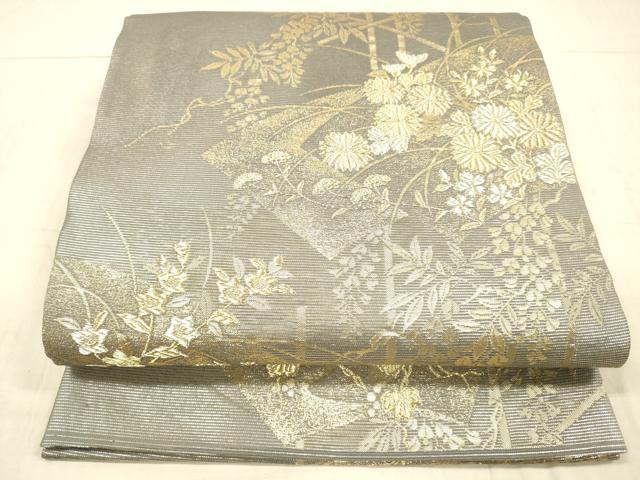 平和屋着物＊夏物 六通柄袋帯 地紙草花文 金銀糸 正絹 逸品 DAAX5559cm