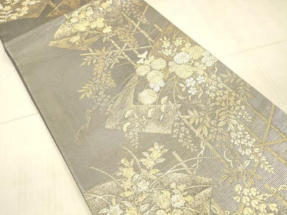 平和屋着物＊夏物 六通柄袋帯 地紙草花文 金銀糸 正絹 逸品 DAAX5559cm