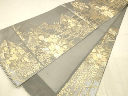 平和屋着物＊夏物 六通柄袋帯 地紙草花文 金銀糸 正絹 逸品 DAAX5559cm
