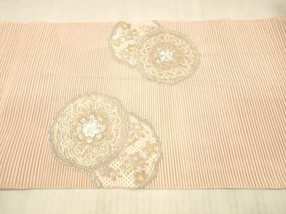平和屋着物＊夏物　絽綴れ　八寸名古屋帯　駒刺繍　花絵皿文　金銀糸　正絹　逸品　DAAX5573cm