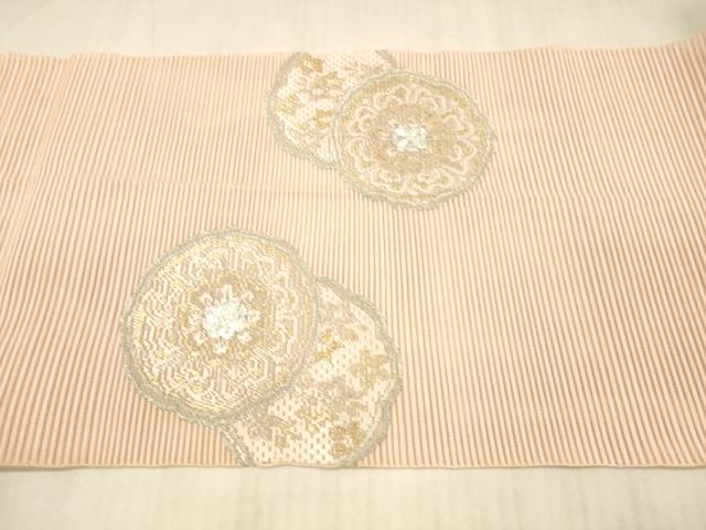 平和屋着物＊夏物　絽綴れ　八寸名古屋帯　駒刺繍　花絵皿文　金銀糸　正絹　逸品　DAAX5573cm