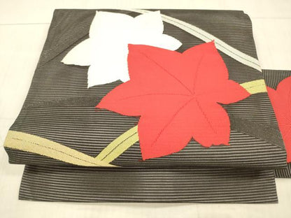 平和屋着物＊夏物 九寸名古屋帯 草葉文 黒地 正絹 逸品 DAAX5574cm