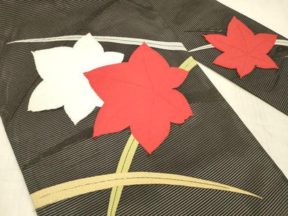 平和屋着物＊夏物 九寸名古屋帯 草葉文 黒地 正絹 逸品 DAAX5574cm