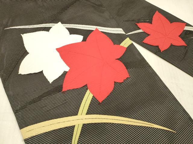 平和屋着物＊夏物 九寸名古屋帯 草葉文 黒地 正絹 逸品 DAAX5574cm
