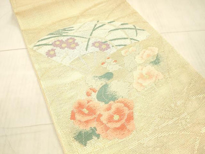 平和屋着物＊夏物 西陣 泰正織物謹製 太鼓柄袋帯 扇面草花文 金銀糸 証紙付き 正絹 逸品 DAAX5588cm