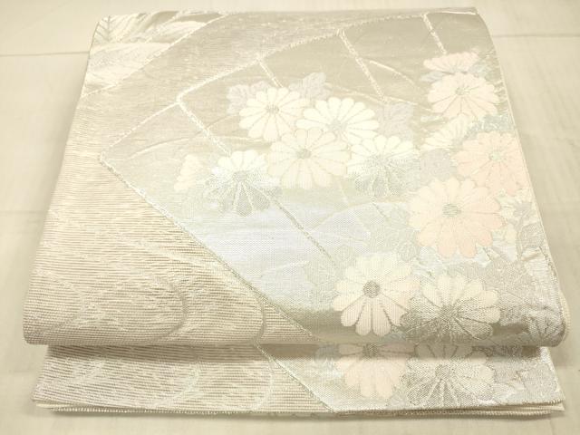 平和屋着物＊夏物 六通柄袋帯 流水扇面草花文 銀糸 正絹 逸品 DAAX5591cm