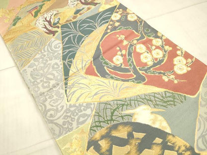 平和屋着物●六通柄袋帯　唐織　風景枝花文　金糸　正絹　逸品　DAAX5607cm