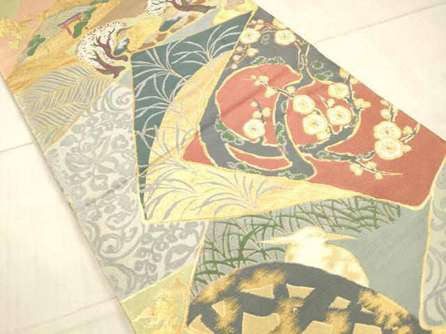 平和屋着物●六通柄袋帯　唐織　風景枝花文　金糸　正絹　逸品　DAAX5607cm