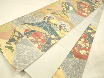 平和屋着物●六通柄袋帯　唐織　風景枝花文　金糸　正絹　逸品　DAAX5607cm