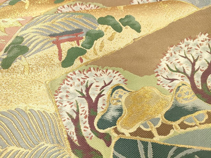平和屋着物●六通柄袋帯　唐織　風景枝花文　金糸　正絹　逸品　DAAX5607cm