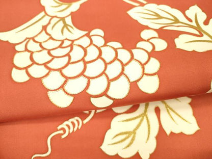 平和屋着物●塩瀬　九寸名古屋帯　駒刺繍　葡萄蔦の葉文　金糸　正絹　逸品　DAAX5617cm