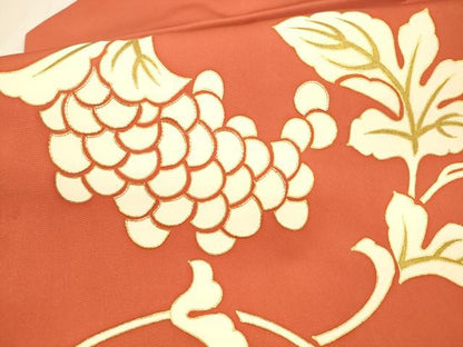 平和屋着物●塩瀬　九寸名古屋帯　駒刺繍　葡萄蔦の葉文　金糸　正絹　逸品　DAAX5617cm