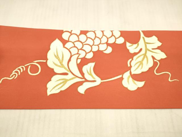平和屋着物●塩瀬　九寸名古屋帯　駒刺繍　葡萄蔦の葉文　金糸　正絹　逸品　DAAX5617cm