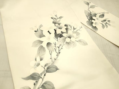 平和屋着物●塩瀬　九寸名古屋帯　作家物　手描き　枝花文　正絹　逸品　DAAX5633cm