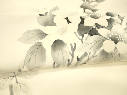 平和屋着物●塩瀬　九寸名古屋帯　作家物　手描き　枝花文　正絹　逸品　DAAX5633cm