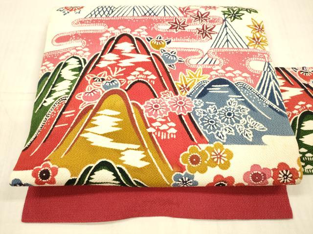 平和屋着物●九寸名古屋帯　型染　遠山草花文　鬼しぼ縮緬　正絹　逸品　DAAX5643cm 平和屋着物○九寸名古屋帯 型染 遠山草花文 鬼しぼ縮緬