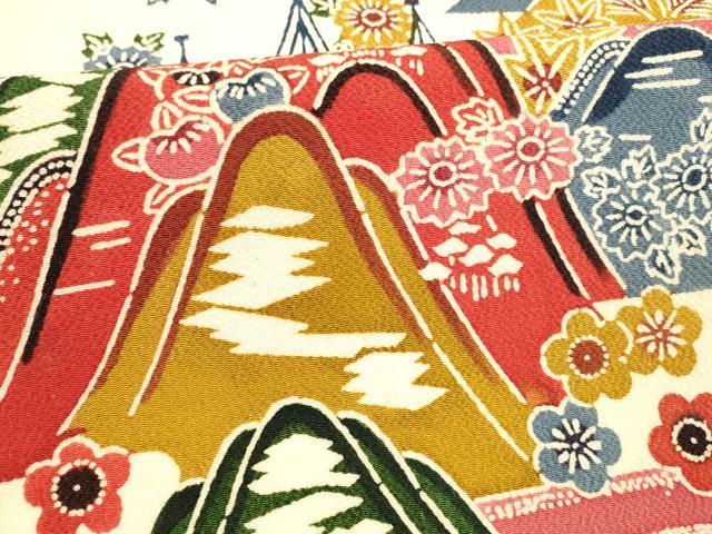 平和屋着物○九寸名古屋帯 型染 遠山草花文 鬼しぼ縮緬