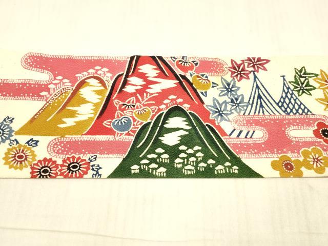 平和屋着物○九寸名古屋帯 型染 遠山草花文 鬼しぼ縮緬