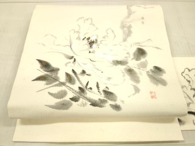 平和屋着物●九寸名古屋帯 作家物 手描き 紬地 草花文 金彩 正絹 逸品 DAAX5644cm