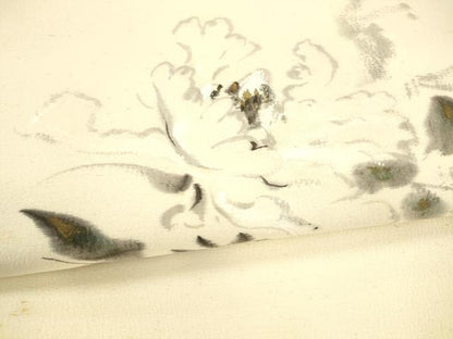 平和屋着物●九寸名古屋帯 作家物 手描き 紬地 草花文 金彩 正絹 逸品 DAAX5644cm
