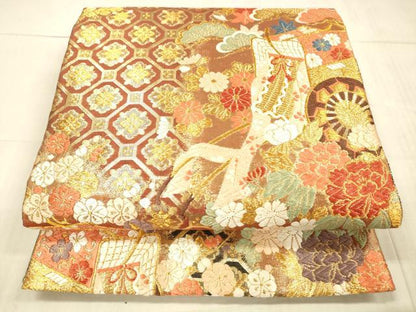平和屋着物●佐賀錦 六通柄袋帯 唐織 御所車花松文 金糸 正絹 逸品 DAAX5654cm