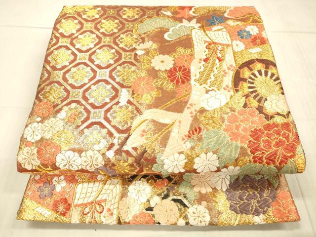 平和屋着物●佐賀錦 六通柄袋帯 唐織 御所車花松文 金糸 正絹 逸品 DAAX5654cm