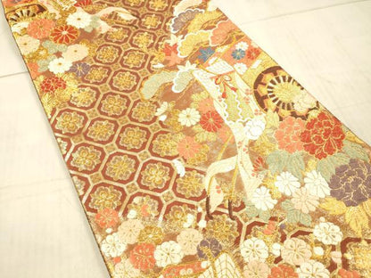 平和屋着物●佐賀錦 六通柄袋帯 唐織 御所車花松文 金糸 正絹 逸品 DAAX5654cm