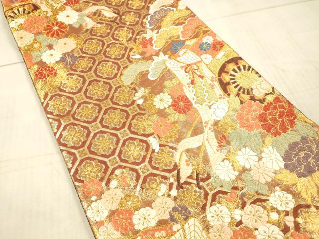 平和屋着物●佐賀錦 六通柄袋帯 唐織 御所車花松文 金糸 正絹 逸品 DAAX5654cm