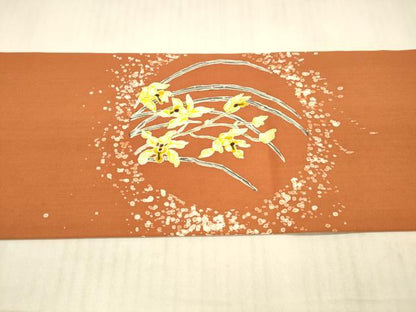 平和屋着物●塩瀬　九寸名古屋帯　草花文　正絹　逸品　DAAX5663cm