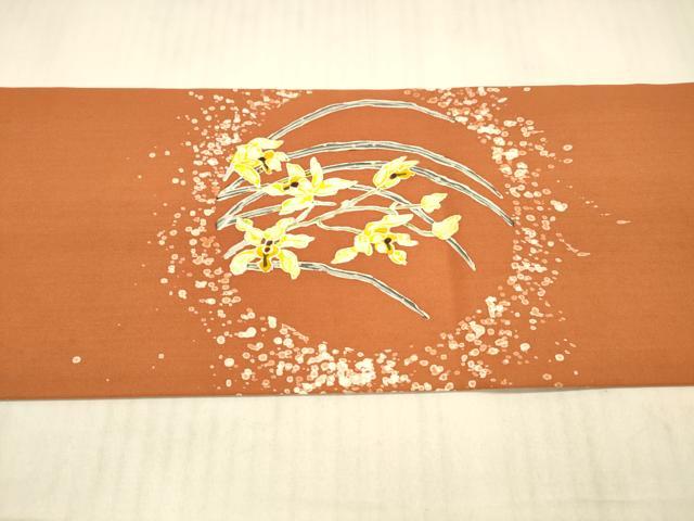 平和屋着物●塩瀬　九寸名古屋帯　草花文　正絹　逸品　DAAX5663cm