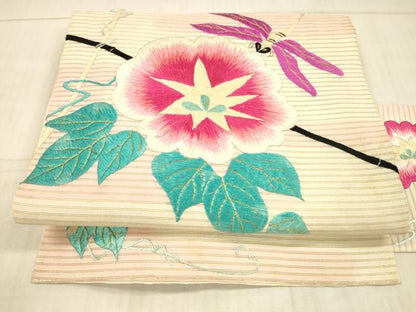 平和屋着物＊夏物　アンティーク　大正ロマン　九寸名古屋帯　総刺繍　朝顔　蜻蛉　金糸　正絹　逸品　DAAX5671cm