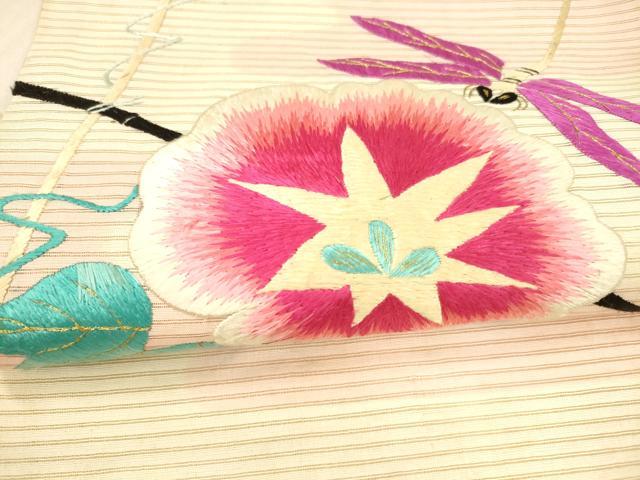 平和屋着物＊夏物　アンティーク　大正ロマン　九寸名古屋帯　総刺繍　朝顔　蜻蛉　金糸　正絹　逸品　DAAX5671cm