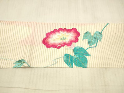 平和屋着物＊夏物　アンティーク　大正ロマン　九寸名古屋帯　総刺繍　朝顔　蜻蛉　金糸　正絹　逸品　DAAX5671cm
