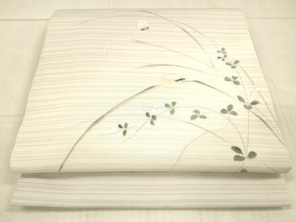 平和屋着物＊夏物 変わり絽塩瀬 九寸開き名古屋帯 手描き 草葉文 蛍 銀彩 正絹 逸品 DAAX5675cm
