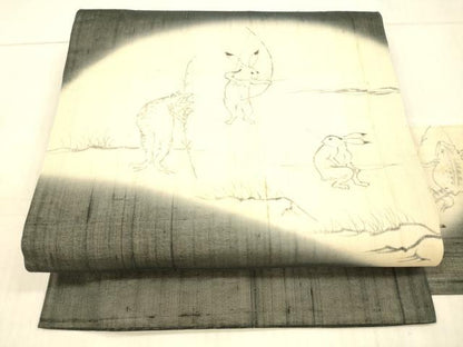 平和屋着物＊夏物 絹芭蕉 九寸名古屋帯 手描き 鳥獣戯画 黒地 正絹 逸品 DAAX5676cm