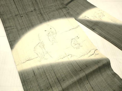 平和屋着物＊夏物 絹芭蕉 九寸名古屋帯 手描き 鳥獣戯画 黒地 正絹 逸品 DAAX5676cm