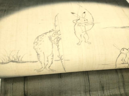 平和屋着物＊夏物 絹芭蕉 九寸名古屋帯 手描き 鳥獣戯画 黒地 正絹 逸品 DAAX5676cm