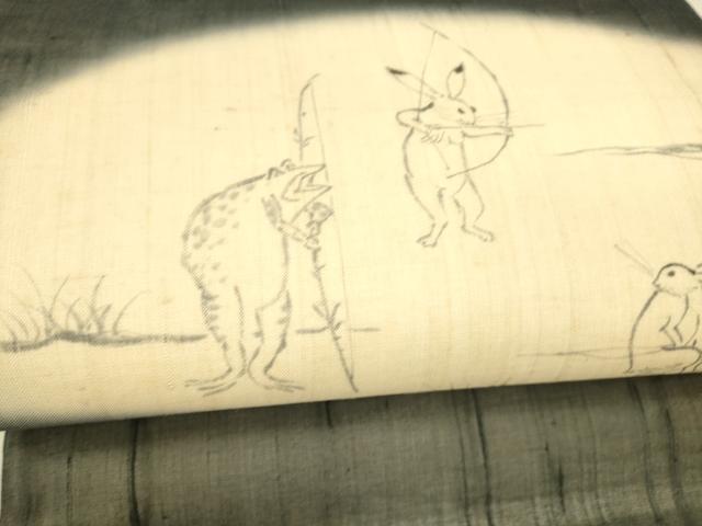 平和屋着物＊夏物 絹芭蕉 九寸名古屋帯 手描き 鳥獣戯画 黒地 正絹 逸品 DAAX5676cm