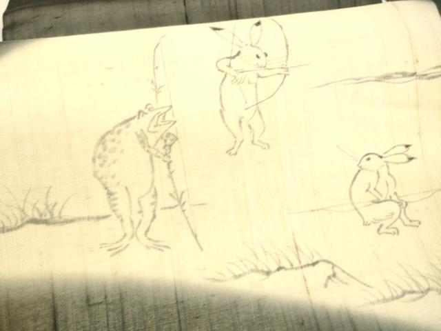 平和屋着物＊夏物 絹芭蕉 九寸名古屋帯 手描き 鳥獣戯画 黒地 正絹 逸品 DAAX5676cm