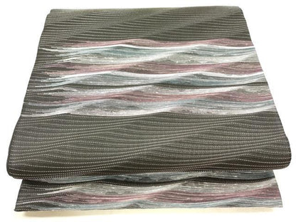 平和屋着物＊夏物 六通柄袋帯 流水文 黒地 銀糸 正絹 逸品 DAAX5681cm