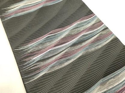平和屋着物＊夏物 六通柄袋帯 流水文 黒地 銀糸 正絹 逸品 DAAX5681cm