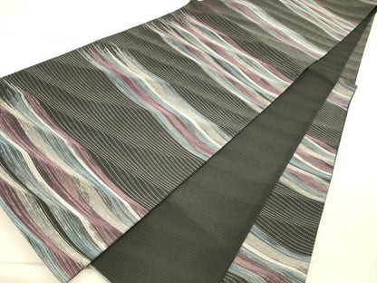 平和屋着物＊夏物 六通柄袋帯 流水文 黒地 銀糸 正絹 逸品 DAAX5681cm