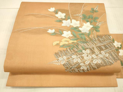 平和屋着物＊夏物 九寸名古屋帯 籬草花文 銀糸 正絹 逸品 DAAX5684cm