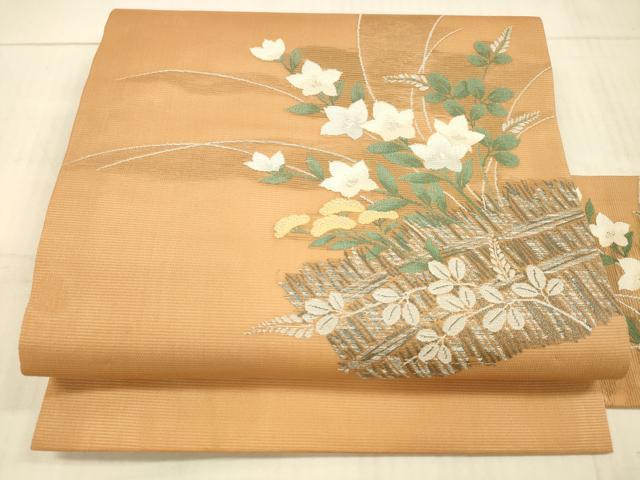 平和屋着物＊夏物 九寸名古屋帯 籬草花文 銀糸 正絹 逸品 DAAX5684cm